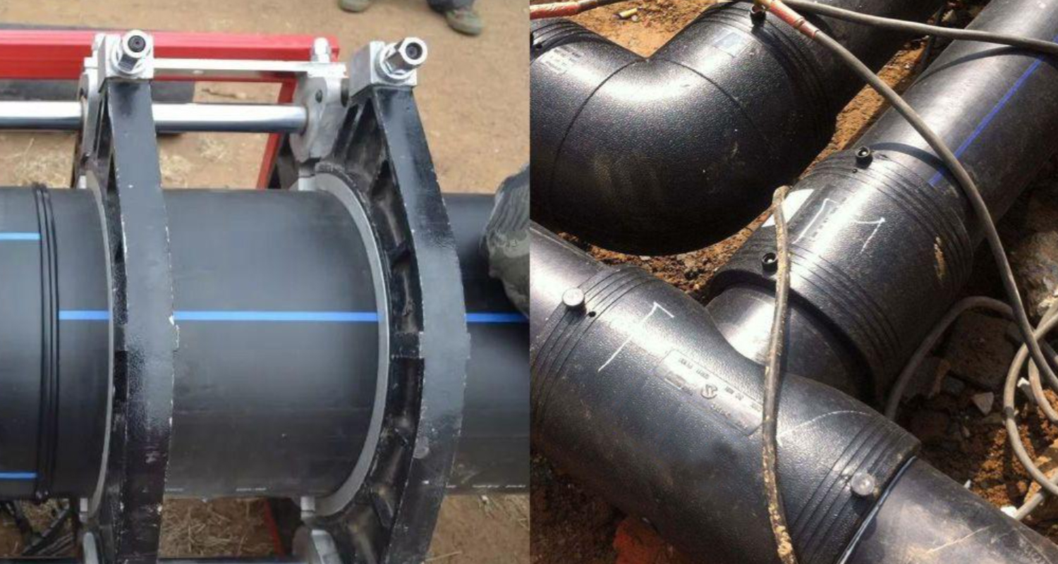 The left side shows a picture of HDPE pipes being welded using a HDPE butt welding machine, and the right side shows a picture of HDPE being welded using electric fusion welding.