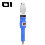 Handheld digital display plastic pipe heat fuser, blue handle, silver flat heating head with LED temperature display and control buttons.