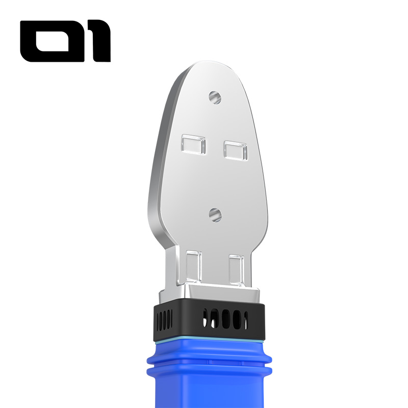 Close-up of the plastic tubing fuser, showing the connection of the two-hole heating tip (with the black welding die) to the blue handle.