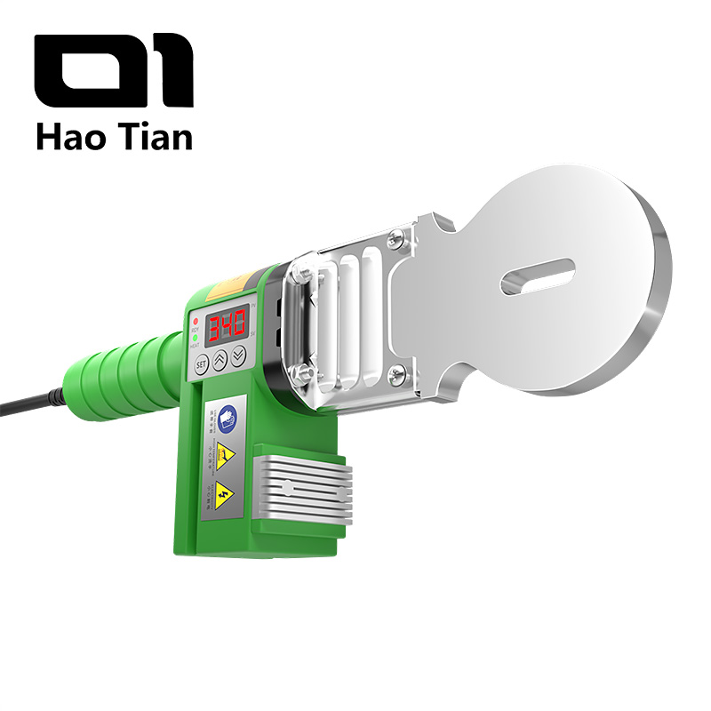 昊天手持式 PPR 焊机特写。机器主体为绿色，手柄处有防滑设计。带有数字温度控制器，显示屏显示 '340℃'，焊机前端安装着一块椭圆形的银色加热板。