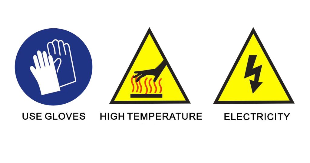 Three safety warning icons for a welding machine. From left to right: A blue circular mandatory action sign showing a hand wearing a glove with the text 'USE GLOVES'; A yellow triangular warning sign with a hand touching a red, hot surface with wavy lines and the text 'HIGH TEMPERATURE'; A yellow triangular warning sign showing a lightning bolt with the text 'ELECTRICITY'.