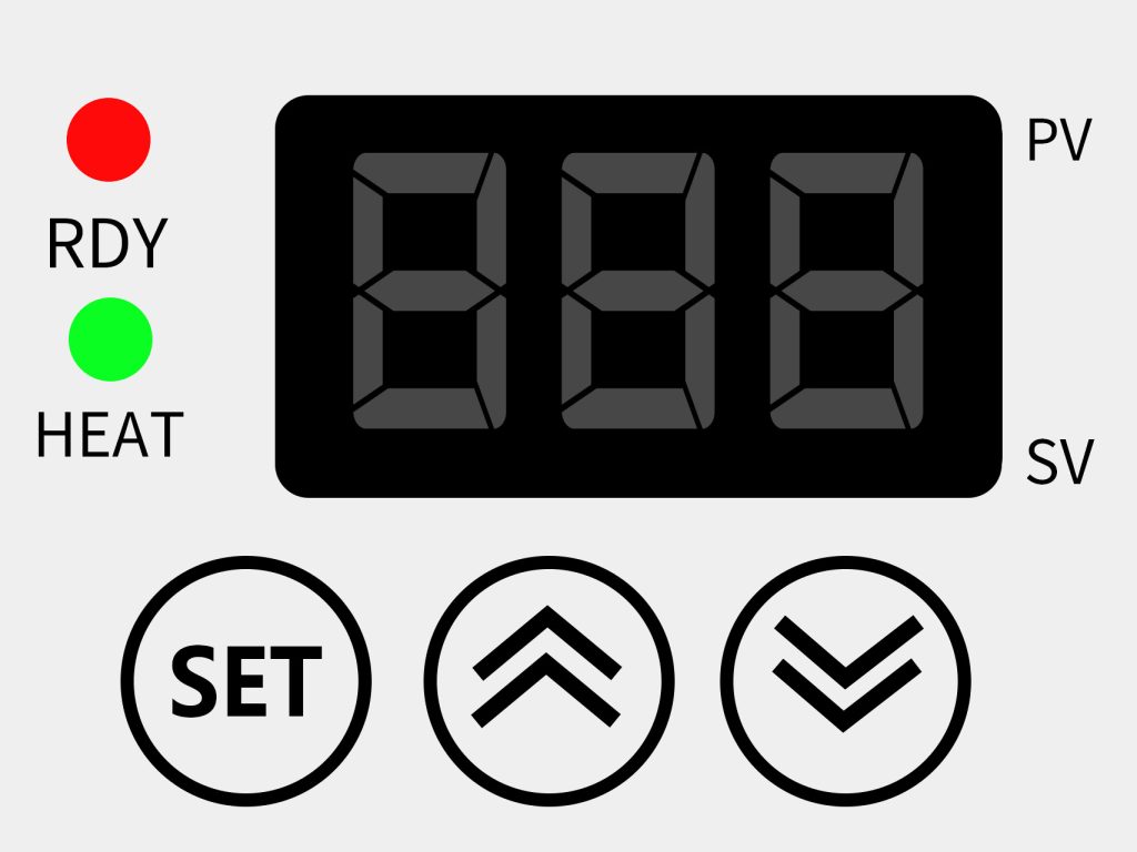 Close-up of a digital temperature control panel for a PPR welding machine. The panel features a three-digit display with two indicators: PV (Process Value or Actual Temperature) and SV (Set Value or Target Temperature). To the left are two indicator lights: a red light labeled RDY (Ready), which illuminates when the set temperature is reached, and a green light labeled HEAT (Heating), which illuminates during the heating process. Below the display are three control buttons: SET