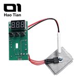 A complete connection diagram for a digital temperature control panel for a PPR welder. The green control panel (with a digital display and three buttons) is connected via a red wire to a high-power thyristor (SCR), which is screwed to the aluminum heating plate. A white ceramic temperature sensor probe is connected to the control panel via red and black wires, enabling real-time, accurate temperature measurement and control of the heating plate.