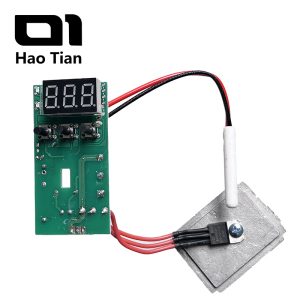 A complete connection diagram for a digital temperature control panel for a PPR welder. The green control panel (with a digital display and three buttons) is connected via a red wire to a high-power thyristor (SCR), which is screwed to the aluminum heating plate. A white ceramic temperature sensor probe is connected to the control panel via red and black wires, enabling real-time, accurate temperature measurement and control of the heating plate.