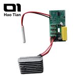 A complete connection diagram of a PR welding machine's digital temperature control board (rear view). The green control board's backside features a main control chip and screw terminals, connected via red wires to a high-power driver element (SCR/thyristor) mounted on a wavy aluminum heat sink for controlling heating power. The white temperature sensor probe is connected to the control board via red and black wires.
