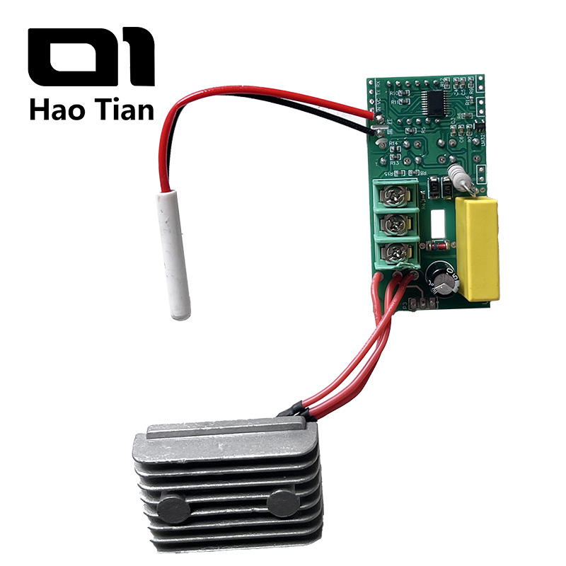 A complete connection diagram of a PR welding machine's digital temperature control board (rear view). The green control board's backside features a main control chip and screw terminals, connected via red wires to a high-power driver element (SCR/thyristor) mounted on a wavy aluminum heat sink for controlling heating power. The white temperature sensor probe is connected to the control board via red and black wires.