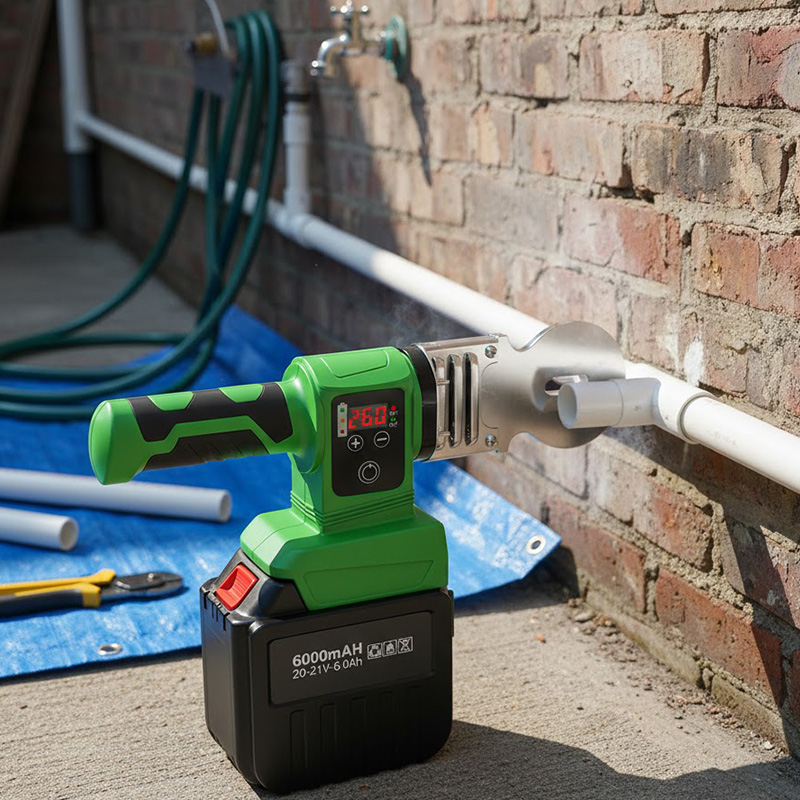 A cordless PPR welding machine is performing hot-melt welding repairs on white PPR pipes outdoors.