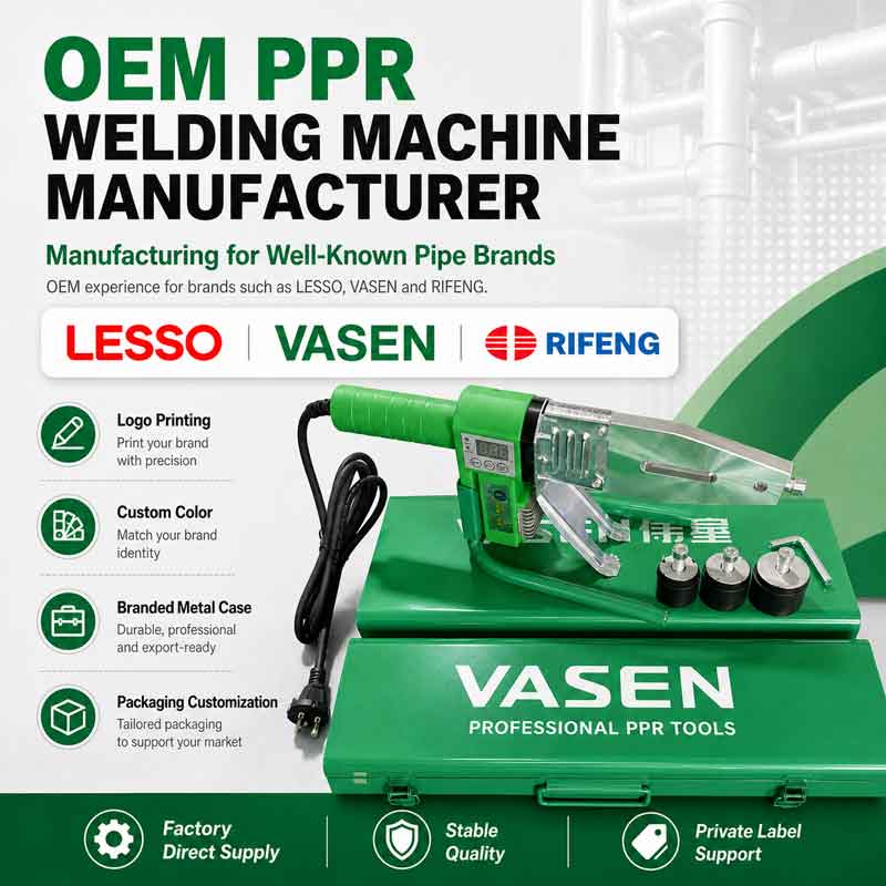 OEM PPR welding machine manufacturer poster featuring a green PPR welding machine on a VASEN metal case, with LESSO, VASEN, and RIFENG brand references, OEM customization features, and factory direct supply benefits.