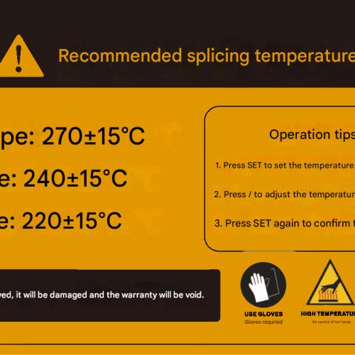 A safety and operation panel for a pipe welding machine. The heading is 'Recommended splicing temperature' with a warning icon. It lists recommended temperatures for three pipe types: PPR pipe: 270±15  ∘ C, PE pipe: 240±15  ∘ C, and PB pipe: 220±15  ∘ C. A box labeled 'Operation tips' gives three steps: 1. Press SET to set the temperature. 2. Press ↑ / ↓ to adjust the temperature up or down. 3. Press SET again to confirm the setting. A warranty warning states: 'If the seal is removed, it will be damaged and the warranty will be void.' Three safety icons are shown at the bottom for mandatory use of gloves, high temperature hazard, and electricity hazard