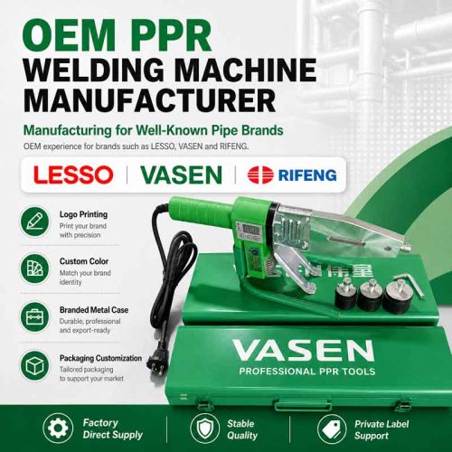 OEM PPR welding machine manufacturer poster featuring a green PPR welding machine on a VASEN metal case, with LESSO, VASEN, and RIFENG brand references, OEM customization features, and factory direct supply benefits.