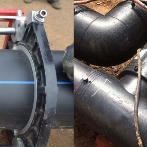The left side shows a picture of HDPE pipes being welded using a HDPE butt welding machine, and the right side shows a picture of HDPE being welded using electric fusion welding.